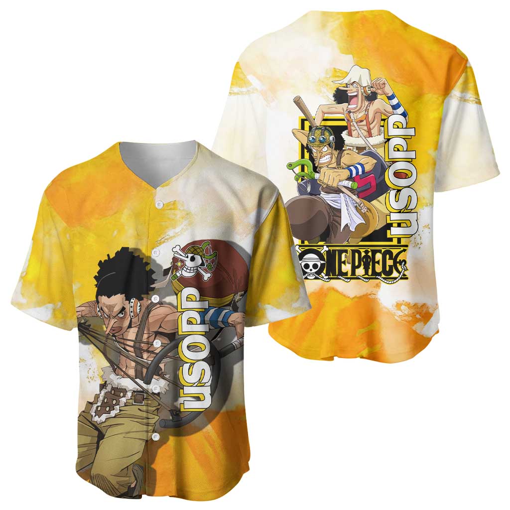 Usopp One Piece Yellow and White Theme Baseball Jersey with Sniper Pose and Sogeking Mask Design - The Mazicc