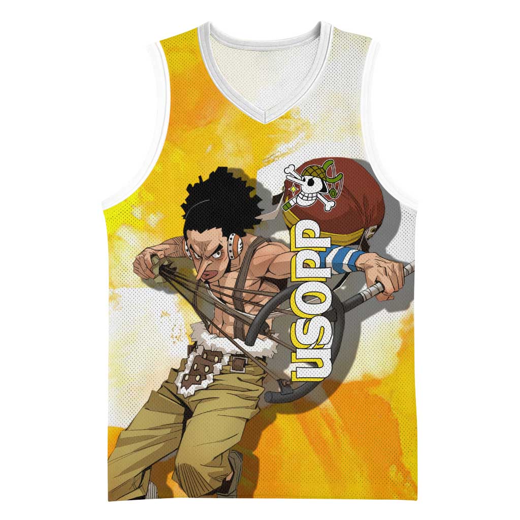 Usopp One Piece Yellow and White Theme Basketball Jersey with Sniper Pose and Sogeking Mask Design - The Mazicc