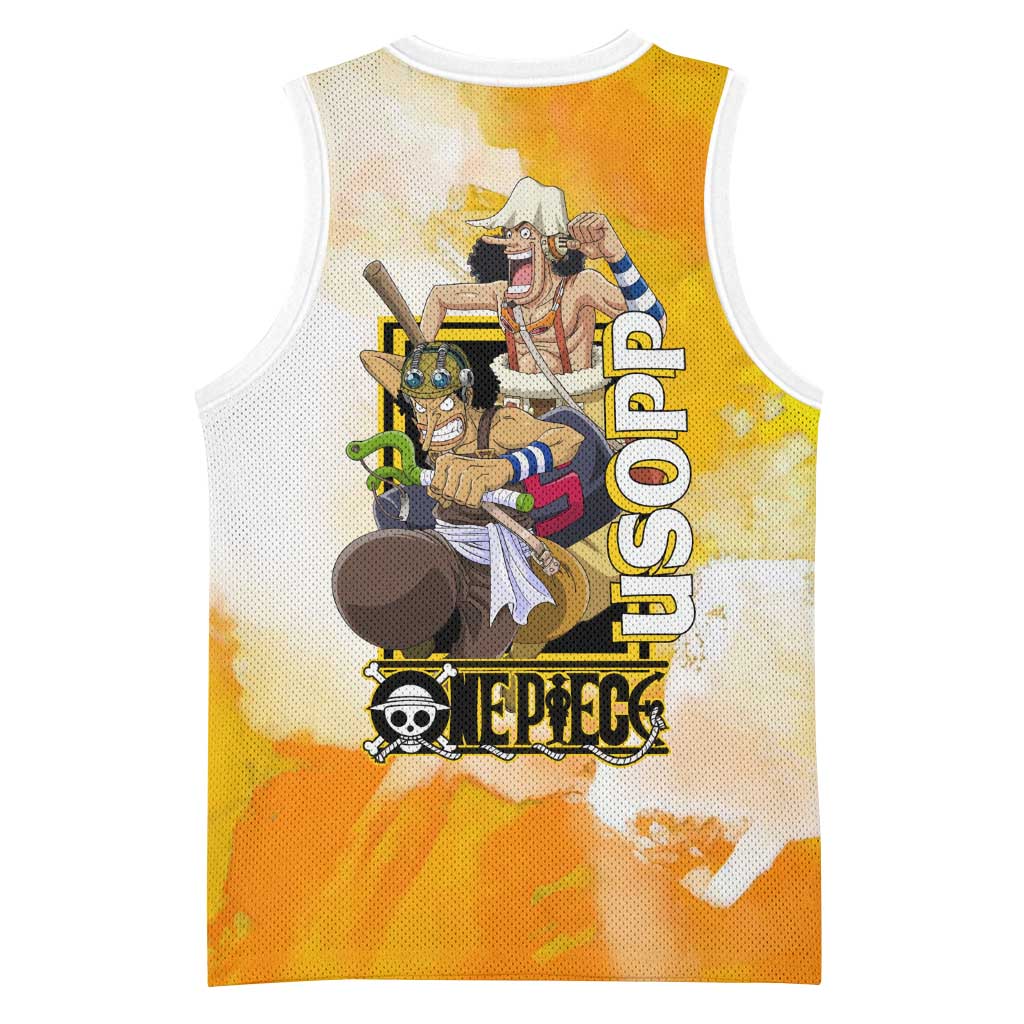 Usopp One Piece Yellow and White Theme Basketball Jersey with Sniper Pose and Sogeking Mask Design - The Mazicc