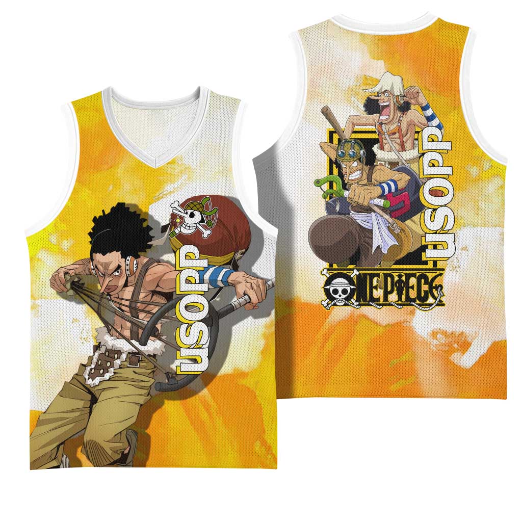 Usopp One Piece Yellow and White Theme Basketball Jersey with Sniper Pose and Sogeking Mask Design - The Mazicc