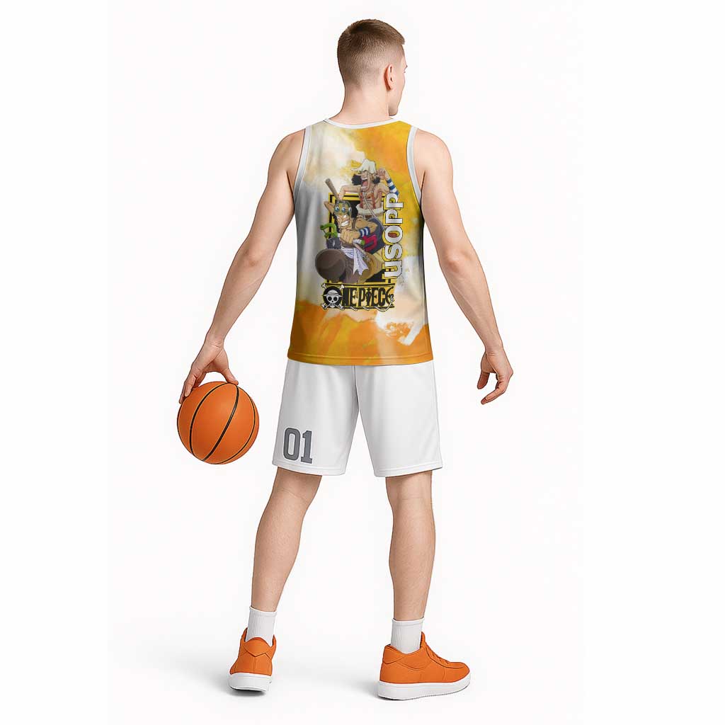 Usopp One Piece Yellow and White Theme Basketball Jersey with Sniper Pose and Sogeking Mask Design - The Mazicc
