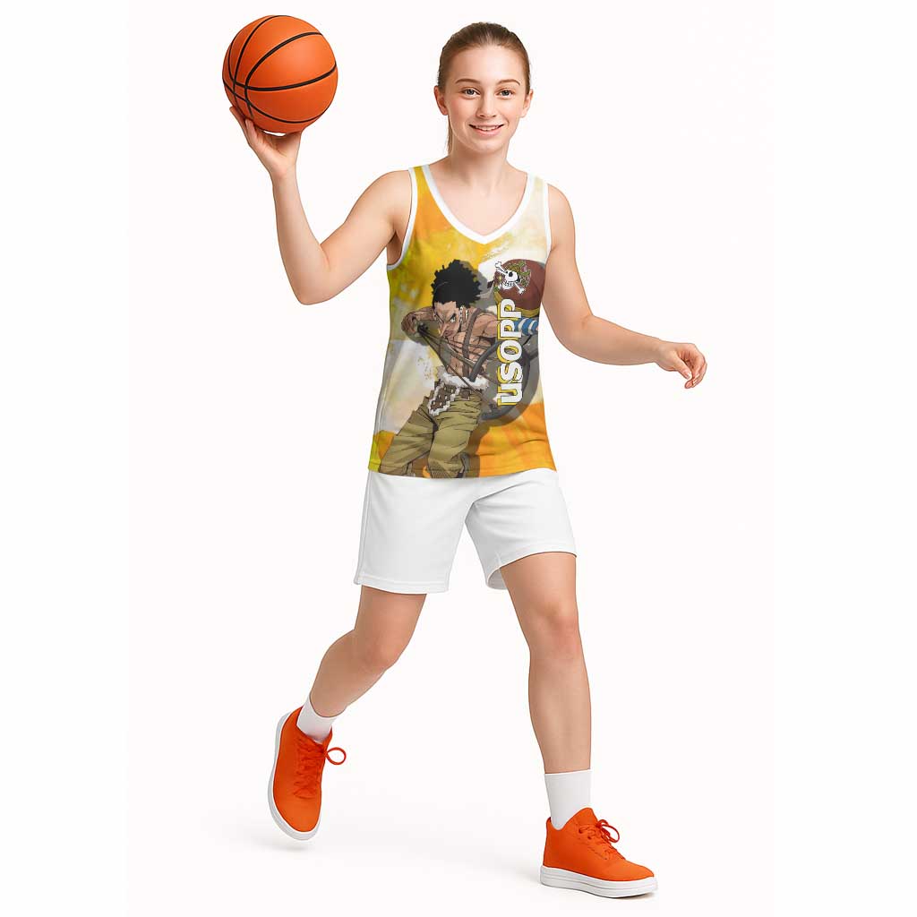 Usopp One Piece Yellow and White Theme Basketball Jersey with Sniper Pose and Sogeking Mask Design - The Mazicc