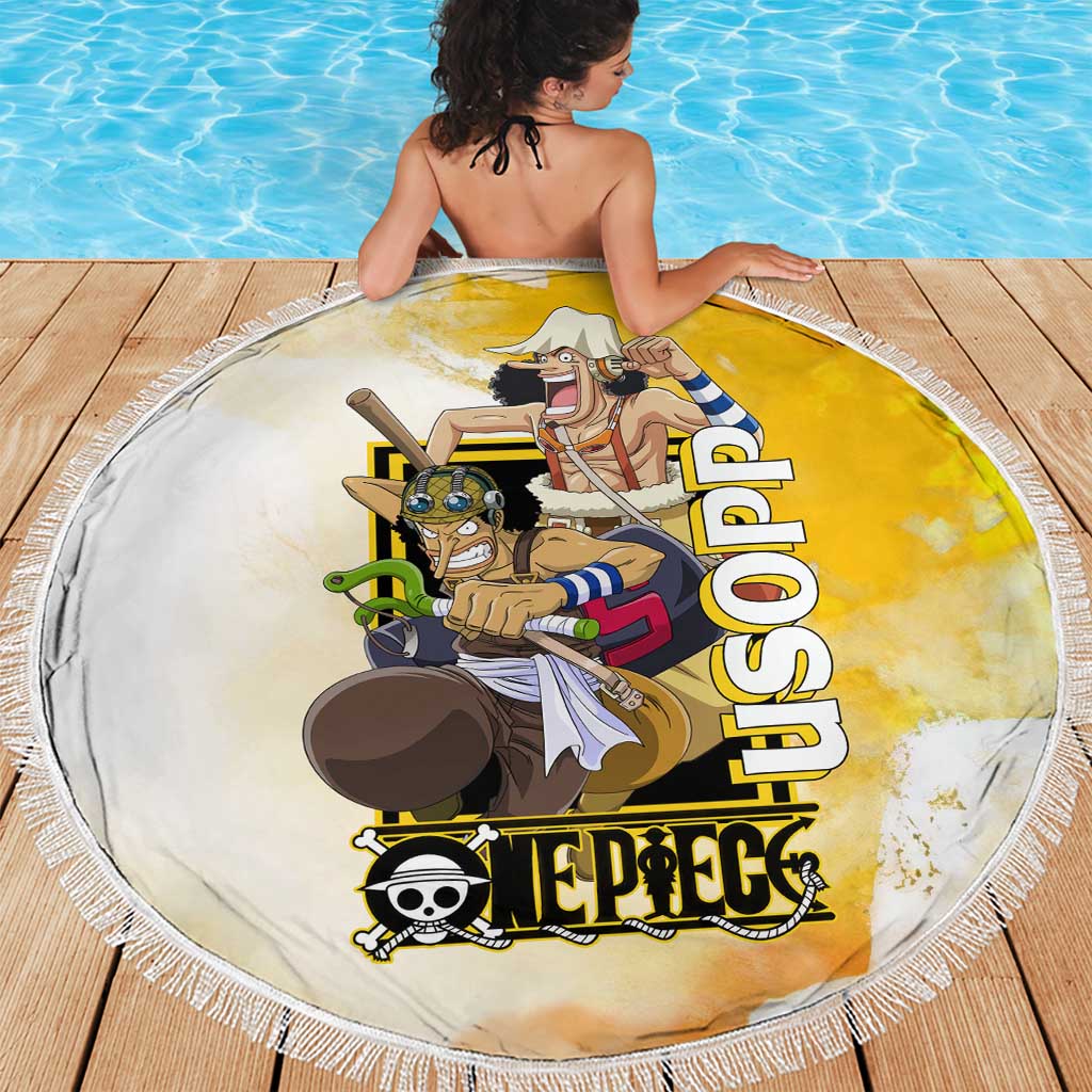 Usopp One Piece Yellow and White Theme Beach Blanket with Sniper Pose and Sogeking Mask Design - The Mazicc