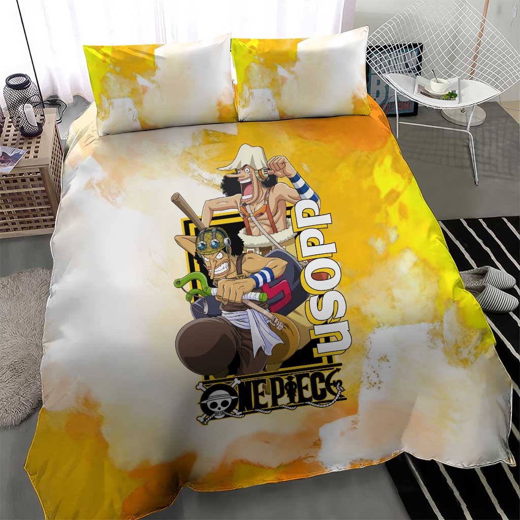 Usopp One Piece Yellow and White Theme Bedding Set with Sniper Pose and Sogeking Mask Design - The Mazicc