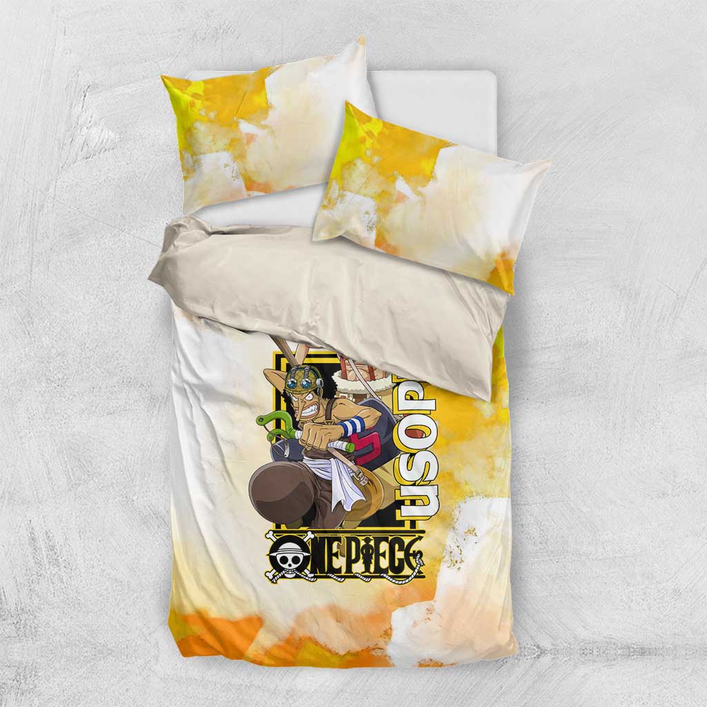 Usopp One Piece Yellow and White Theme Bedding Set with Sniper Pose and Sogeking Mask Design - The Mazicc