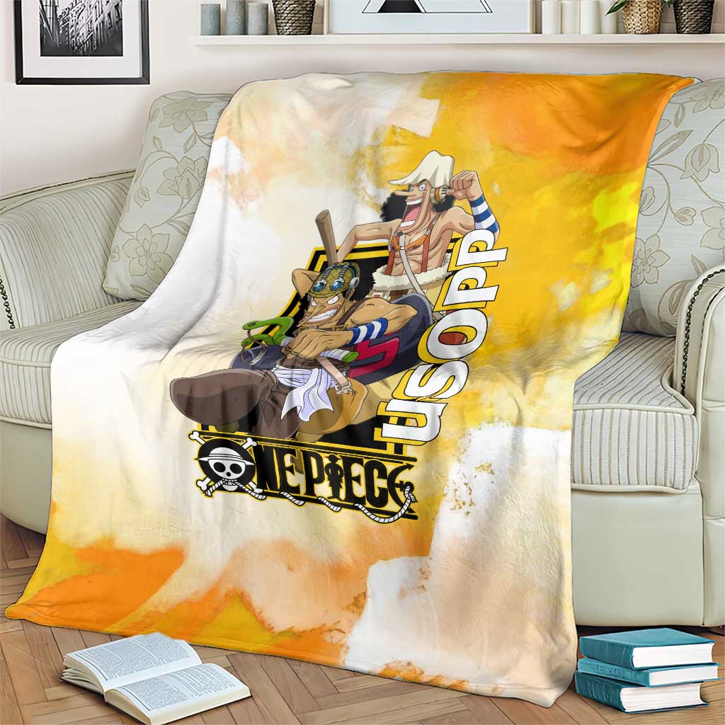Usopp One Piece Yellow and White Theme Blanket with Sniper Pose and Sogeking Mask Design - The Mazicc