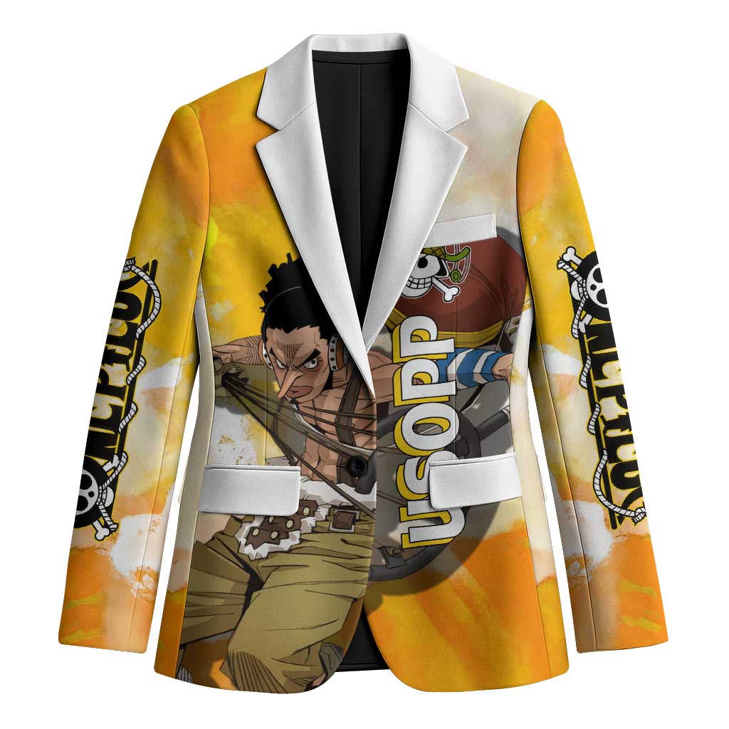 Usopp One Piece Yellow and White Theme Blazer with Sniper Pose and Sogeking Mask Design - The Mazicc