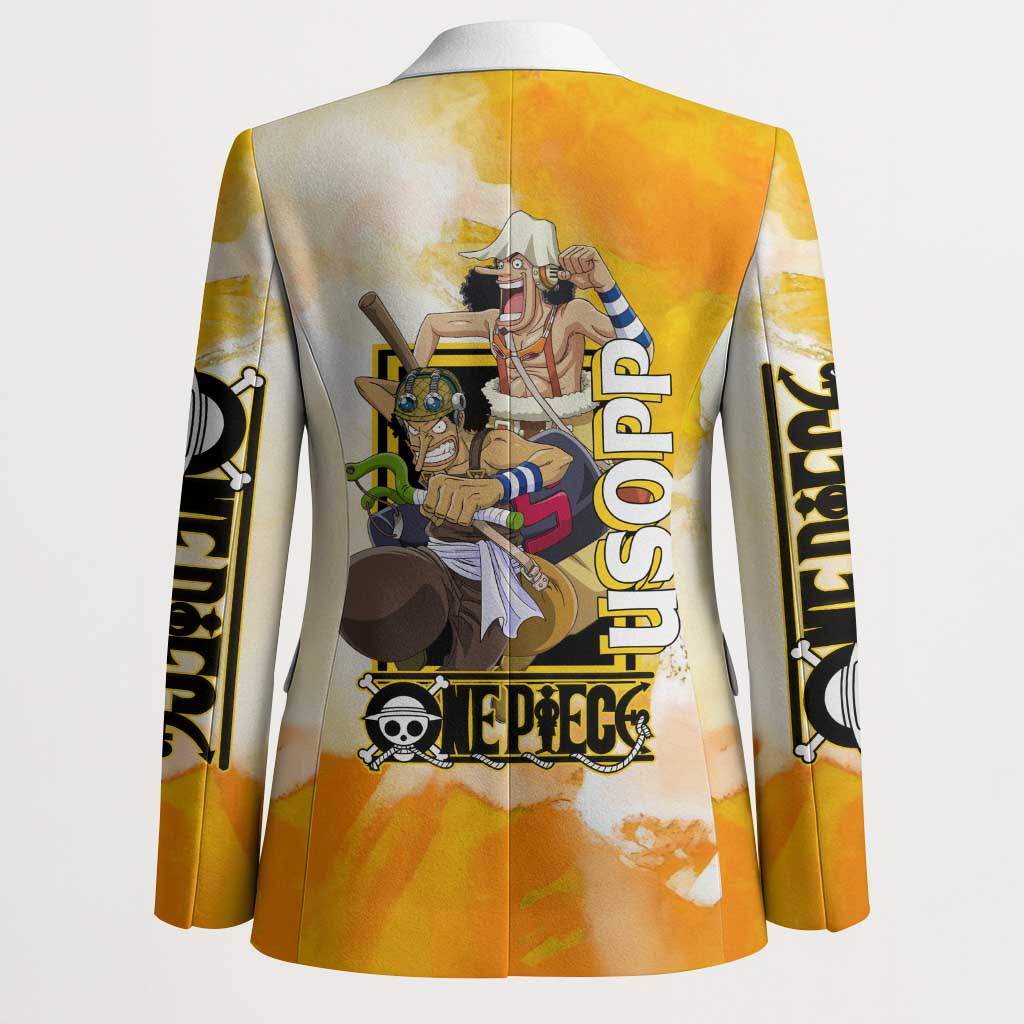 Usopp One Piece Yellow and White Theme Blazer with Sniper Pose and Sogeking Mask Design - The Mazicc