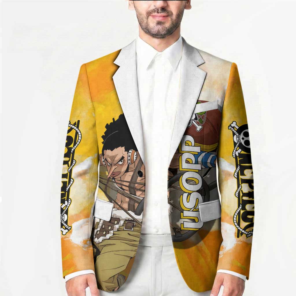 Usopp One Piece Yellow and White Theme Blazer with Sniper Pose and Sogeking Mask Design - The Mazicc