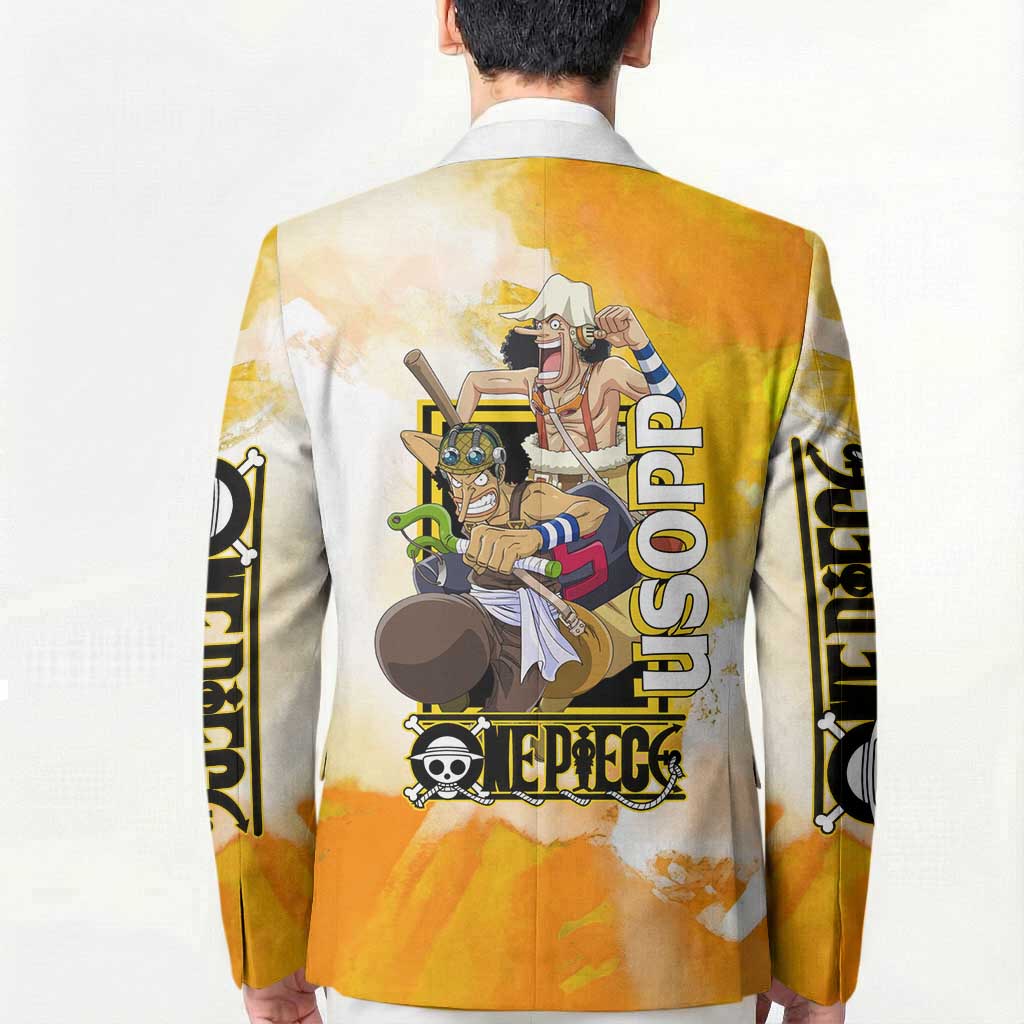 Usopp One Piece Yellow and White Theme Blazer with Sniper Pose and Sogeking Mask Design - The Mazicc