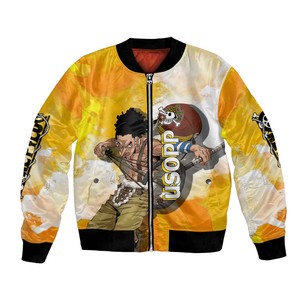 Usopp One Piece Yellow and White Theme Bomber Jacket with Sniper Pose and Sogeking Mask Design - The Mazicc