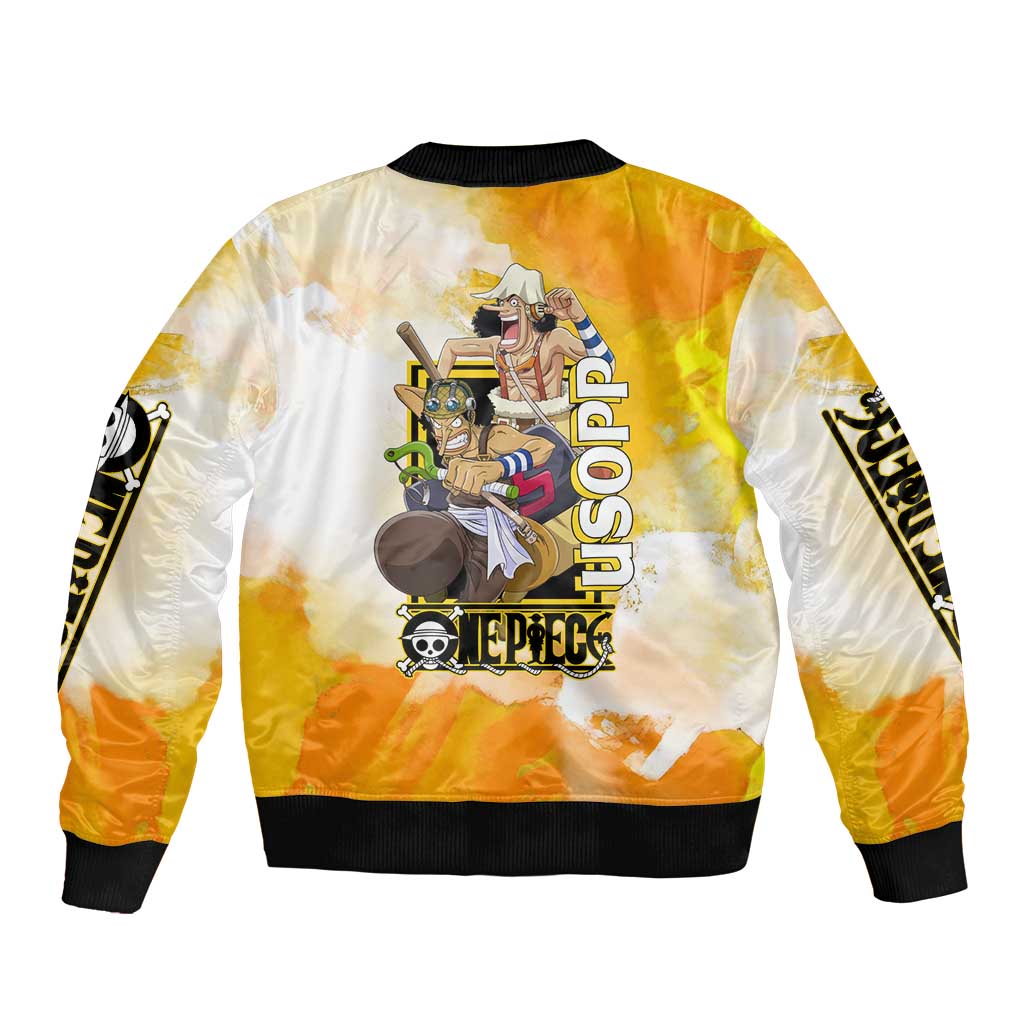 Usopp One Piece Yellow and White Theme Bomber Jacket with Sniper Pose and Sogeking Mask Design - The Mazicc