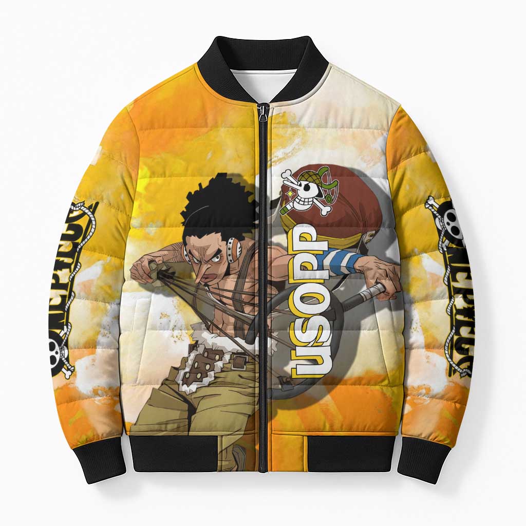 Usopp One Piece Yellow and White Theme Bomber Puffer Jacket with Sniper Pose and Sogeking Mask Design - The Mazicc