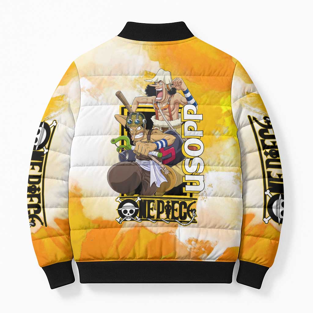 Usopp One Piece Yellow and White Theme Bomber Puffer Jacket with Sniper Pose and Sogeking Mask Design - The Mazicc