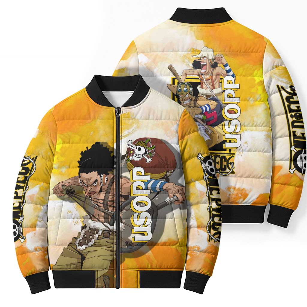 Usopp One Piece Yellow and White Theme Bomber Puffer Jacket with Sniper Pose and Sogeking Mask Design - The Mazicc