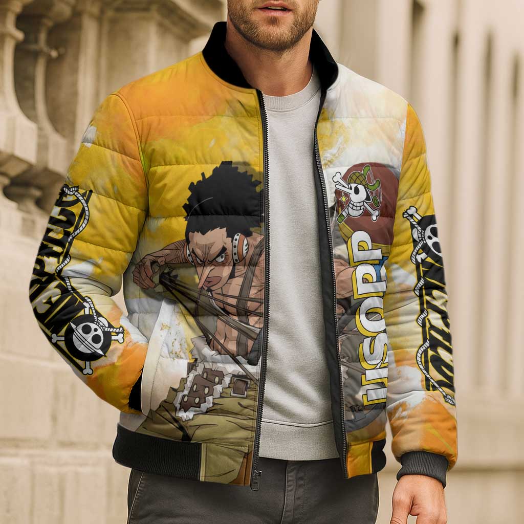 Usopp One Piece Yellow and White Theme Bomber Puffer Jacket with Sniper Pose and Sogeking Mask Design - The Mazicc
