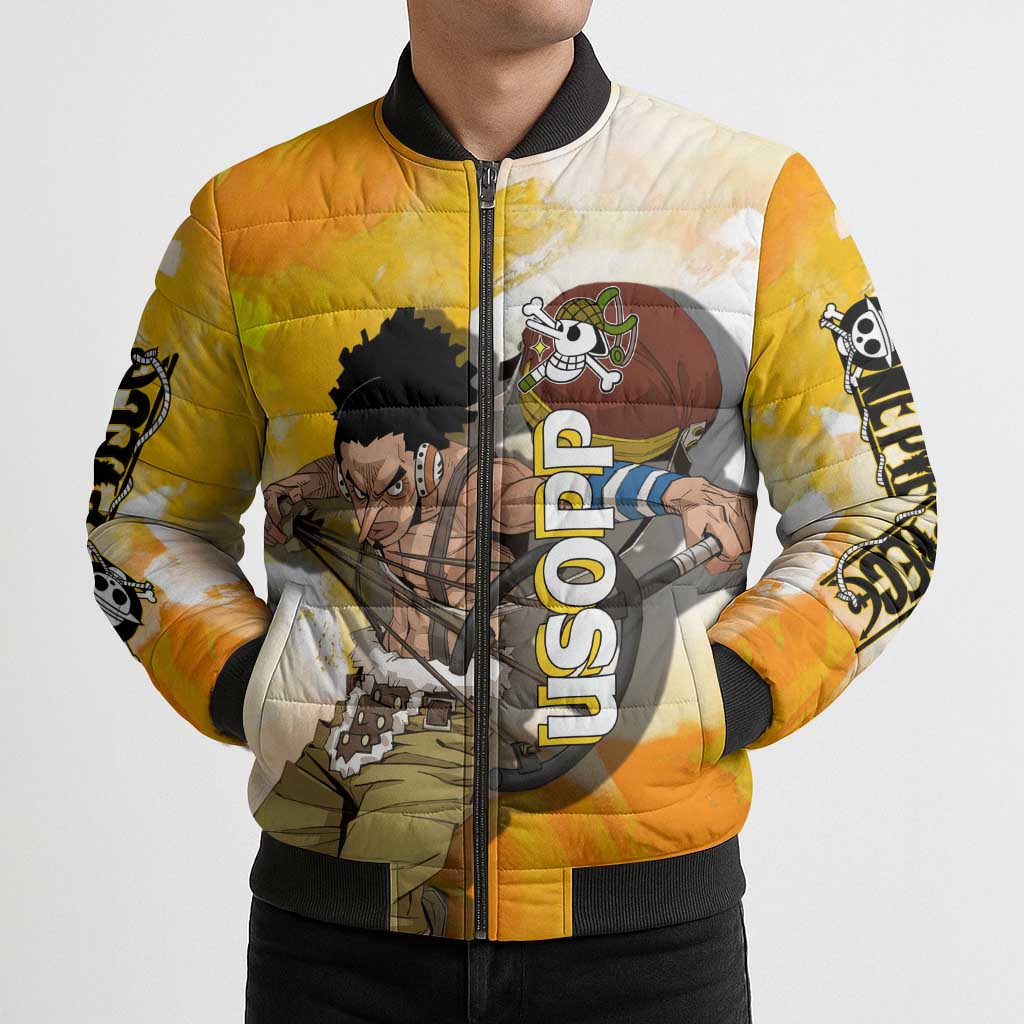 Usopp One Piece Yellow and White Theme Bomber Puffer Jacket with Sniper Pose and Sogeking Mask Design - The Mazicc
