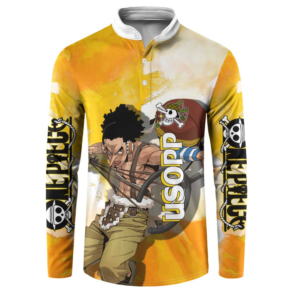 Usopp One Piece Yellow and White Theme Button Sweatshirt with Sniper Pose and Sogeking Mask Design - The Mazicc