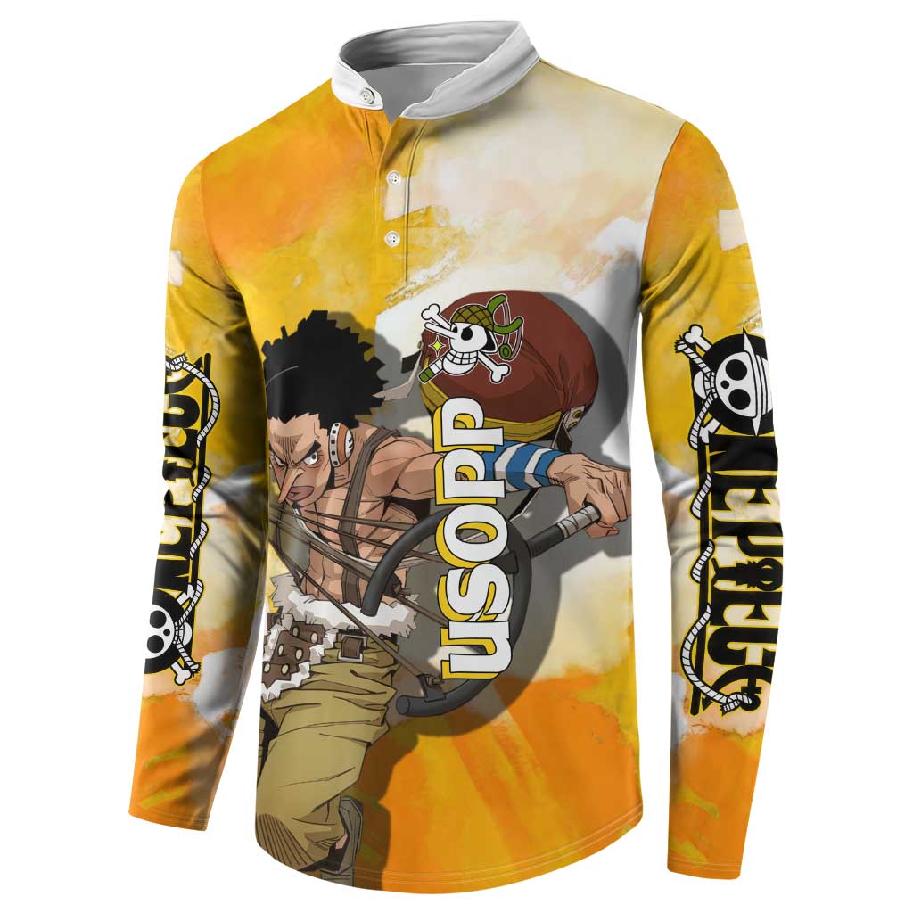 Usopp One Piece Yellow and White Theme Button Sweatshirt with Sniper Pose and Sogeking Mask Design - The Mazicc