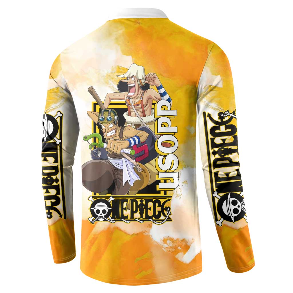Usopp One Piece Yellow and White Theme Button Sweatshirt with Sniper Pose and Sogeking Mask Design - The Mazicc