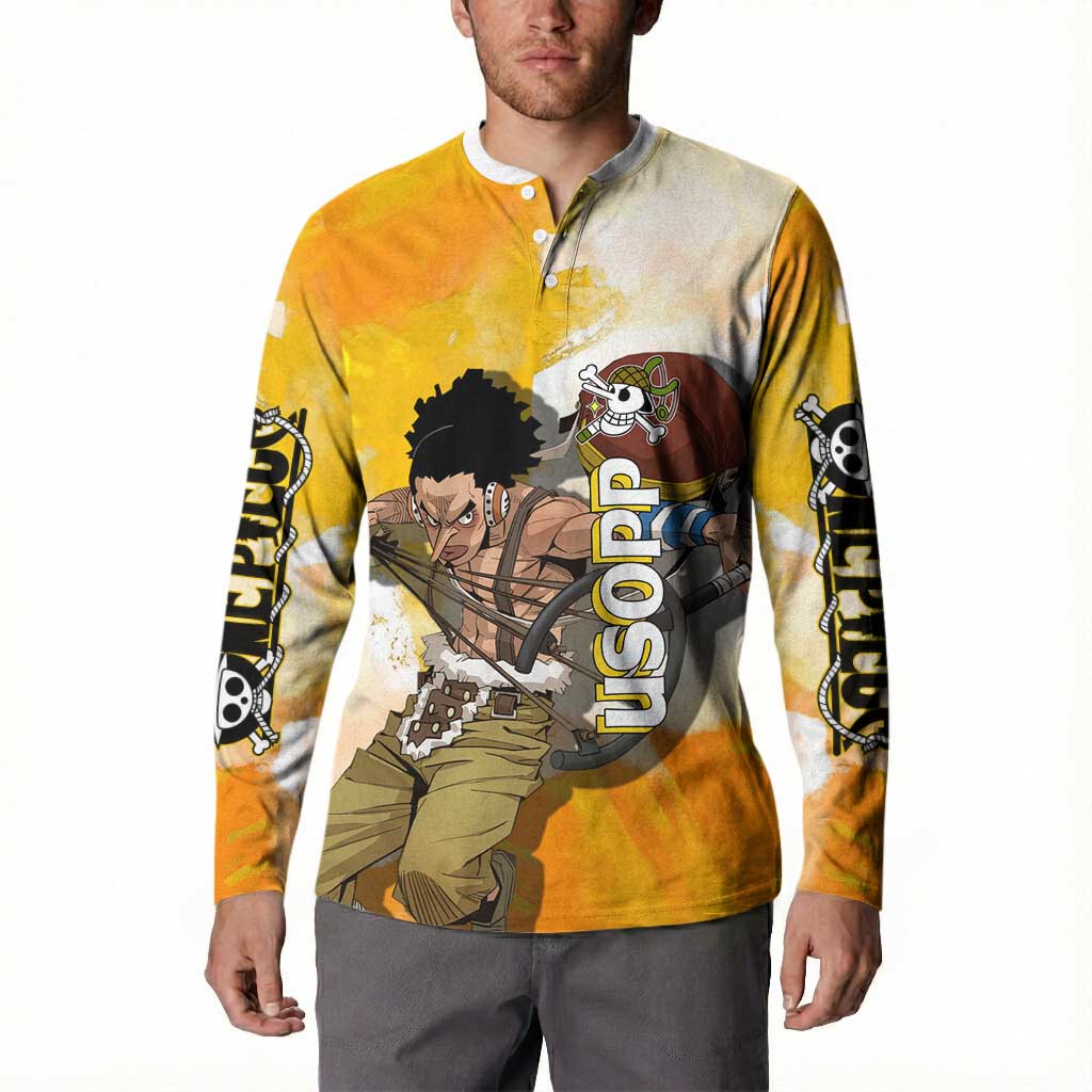 Usopp One Piece Yellow and White Theme Button Sweatshirt with Sniper Pose and Sogeking Mask Design - The Mazicc