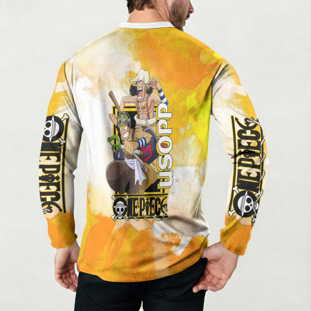 Usopp One Piece Yellow and White Theme Button Sweatshirt with Sniper Pose and Sogeking Mask Design - The Mazicc