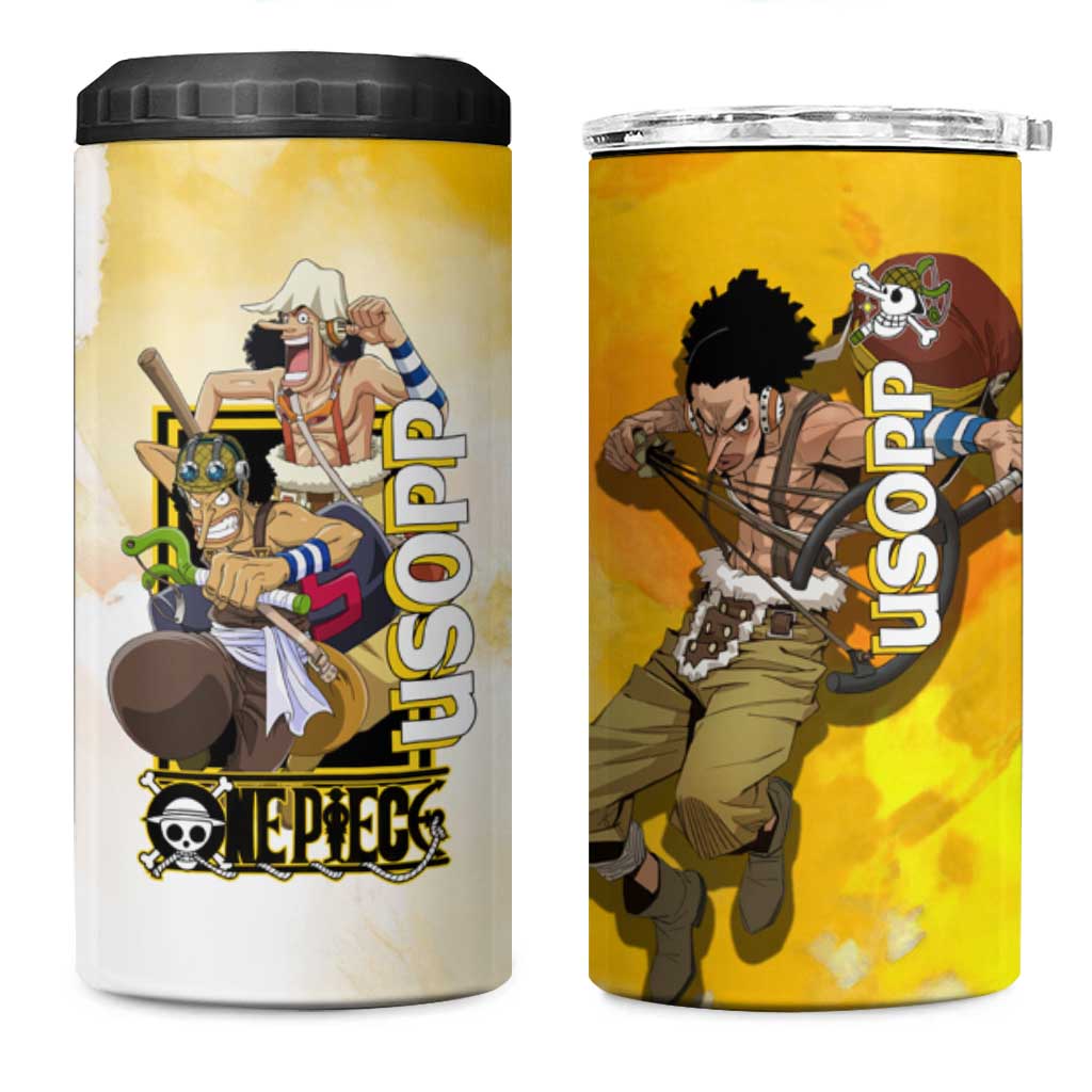 Usopp One Piece Yellow and White Theme 4 in 1 Can Cooler Tumbler with Sniper Pose and Sogeking Mask Design - The Mazicc