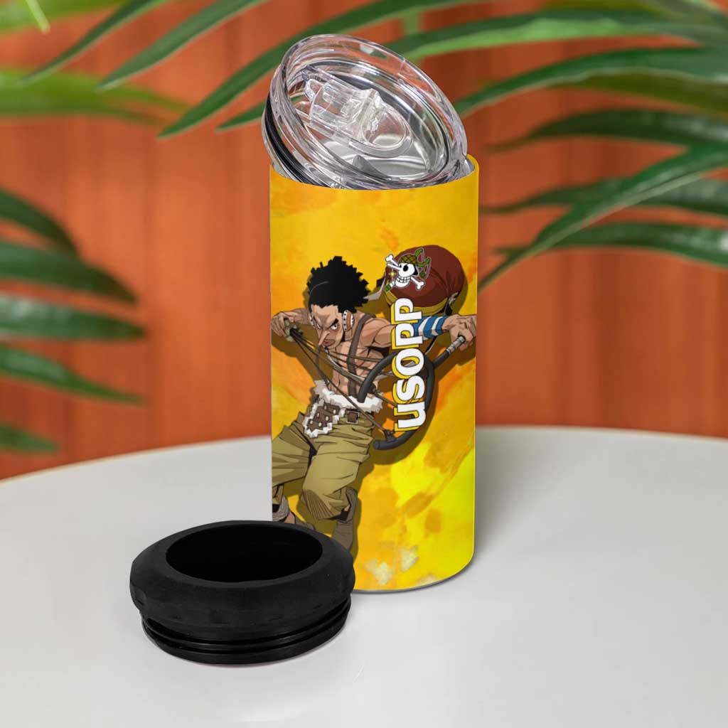 Usopp One Piece Yellow and White Theme 4 in 1 Can Cooler Tumbler with Sniper Pose and Sogeking Mask Design - The Mazicc