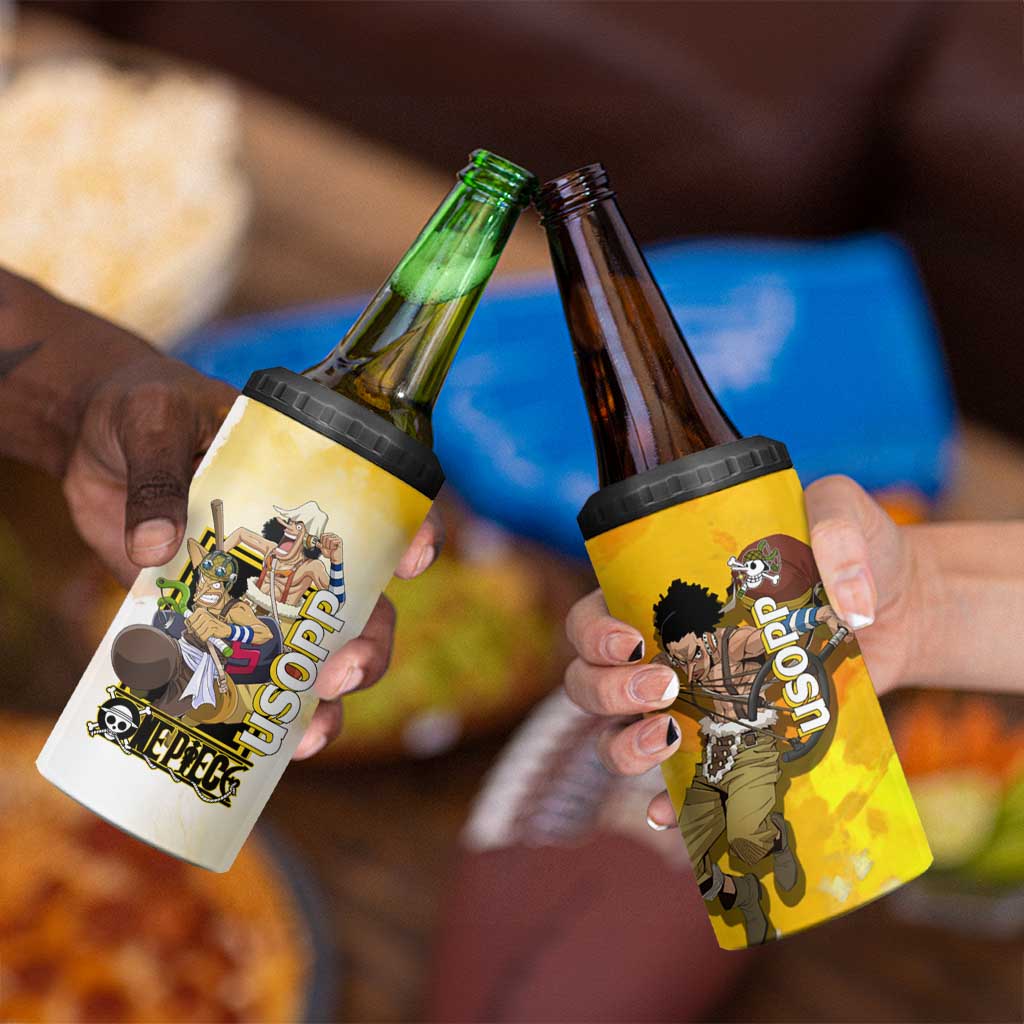 Usopp One Piece Yellow and White Theme 4 in 1 Can Cooler Tumbler with Sniper Pose and Sogeking Mask Design - The Mazicc