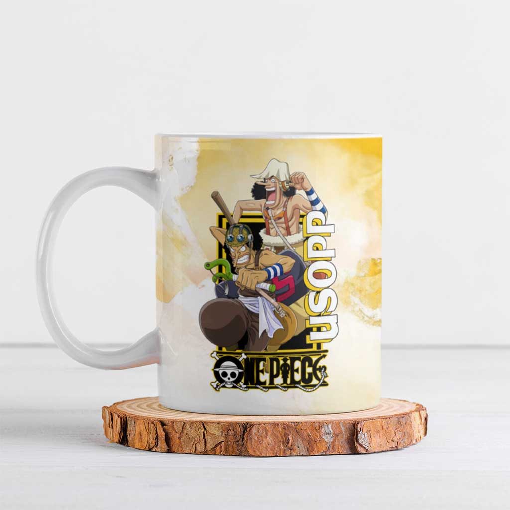 Usopp One Piece Yellow and White Theme Ceramic Mug with Sniper Pose and Sogeking Mask Design - The Mazicc