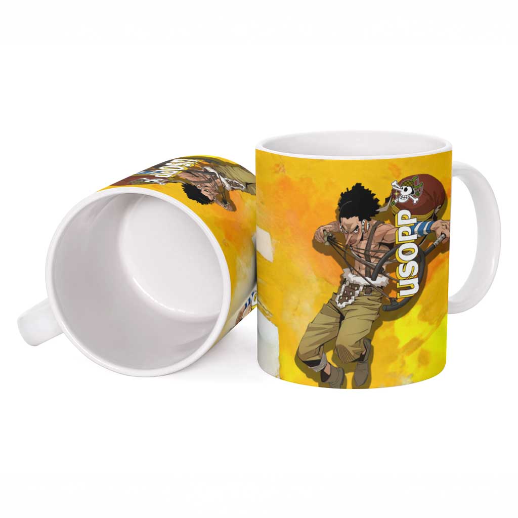 Usopp One Piece Yellow and White Theme Ceramic Mug with Sniper Pose and Sogeking Mask Design - The Mazicc