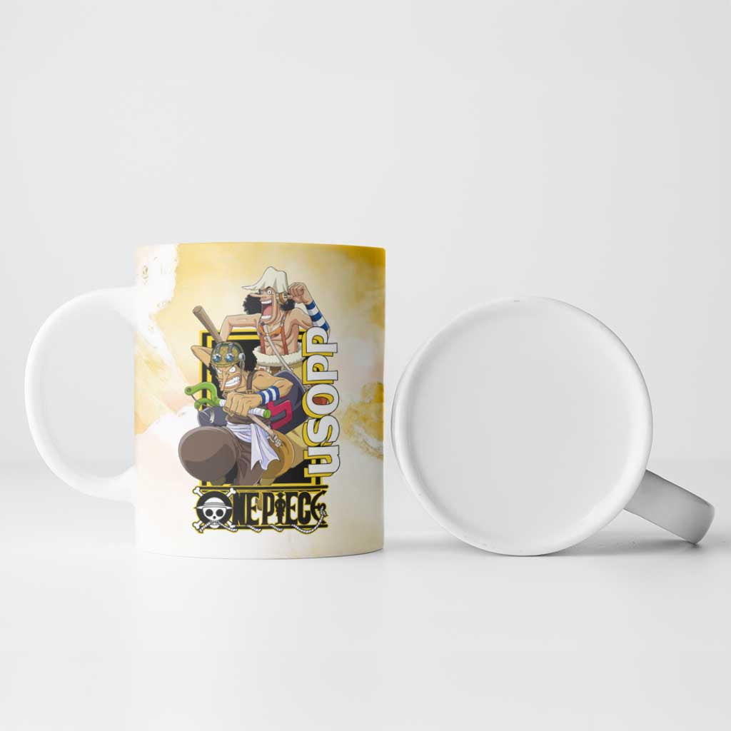 Usopp One Piece Yellow and White Theme Ceramic Mug with Sniper Pose and Sogeking Mask Design - The Mazicc