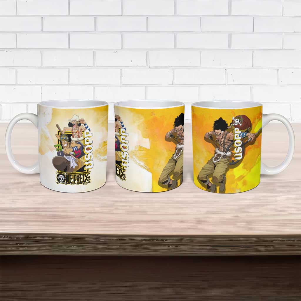 Usopp One Piece Yellow and White Theme Ceramic Mug with Sniper Pose and Sogeking Mask Design - The Mazicc