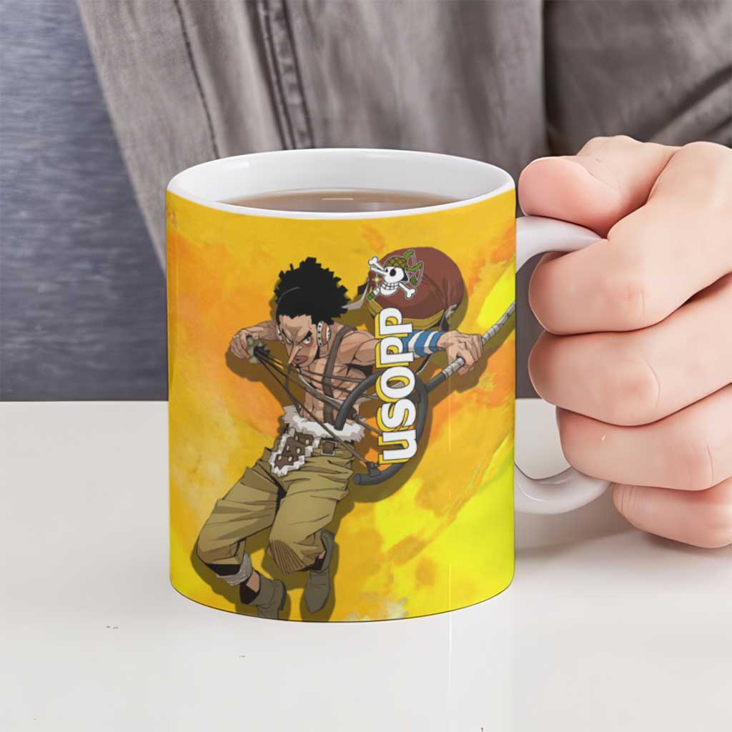 Usopp One Piece Yellow and White Theme Ceramic Mug with Sniper Pose and Sogeking Mask Design - The Mazicc