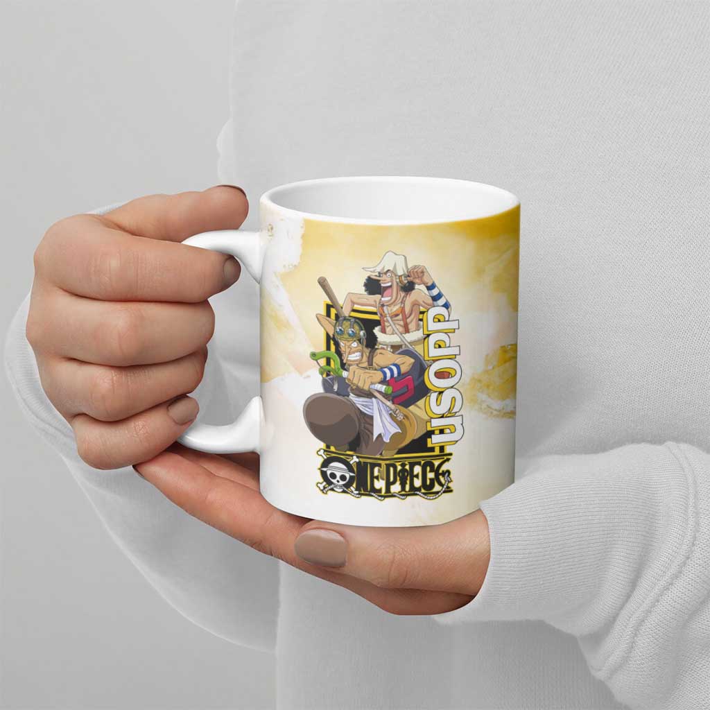 Usopp One Piece Yellow and White Theme Ceramic Mug with Sniper Pose and Sogeking Mask Design - The Mazicc