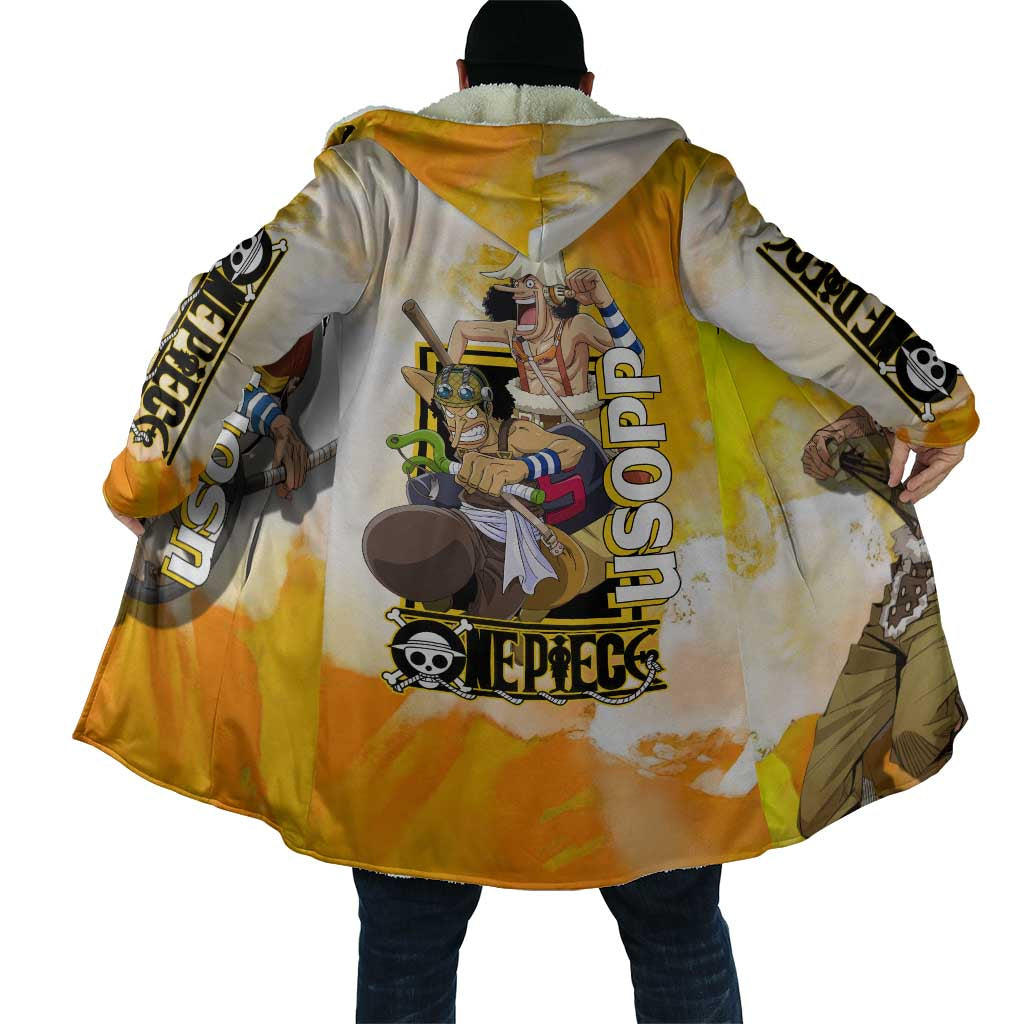 Usopp One Piece Yellow and White Theme Cloak with Sniper Pose and Sogeking Mask Design - The Mazicc