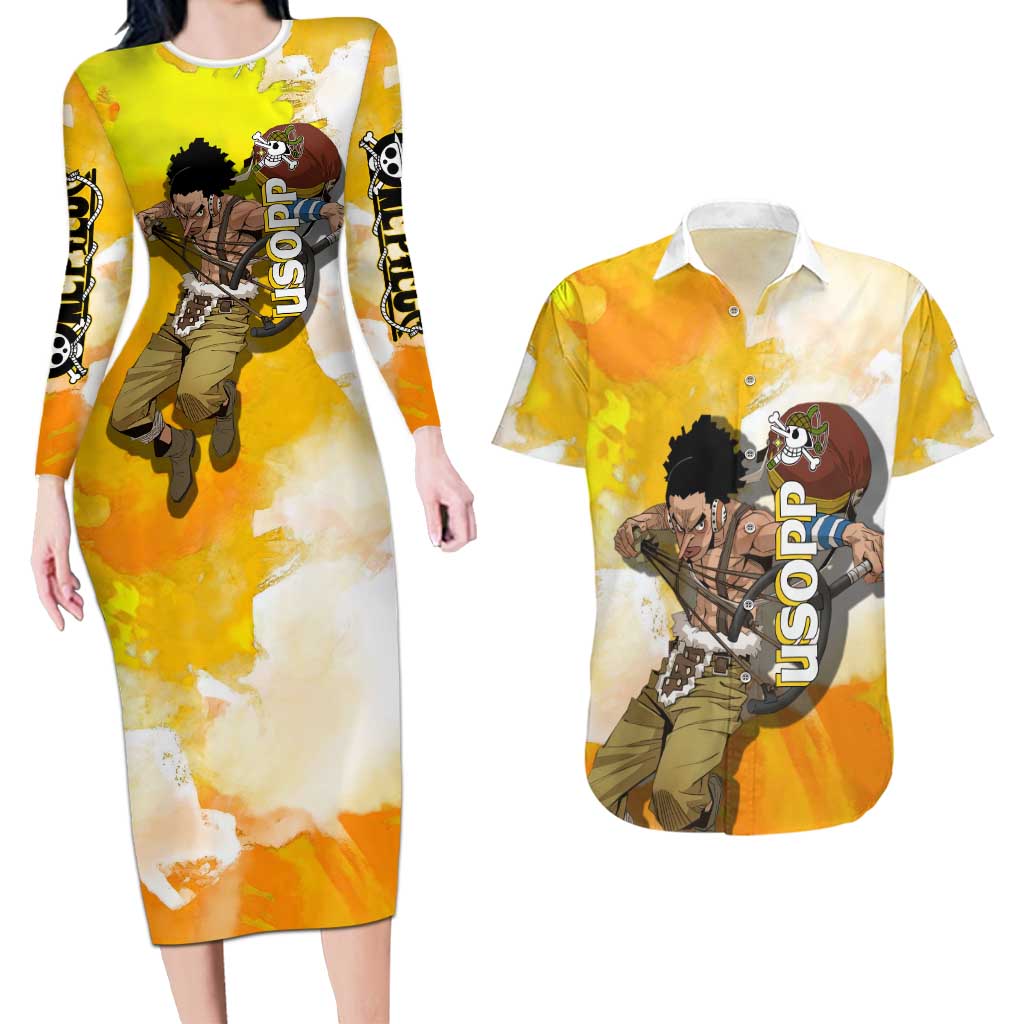 Usopp One Piece Yellow and White Theme Couples Matching Long Sleeve Bodycon Dress and Hawaiian Shirt with Sniper Pose and Sogeking Mask Design - The Mazicc