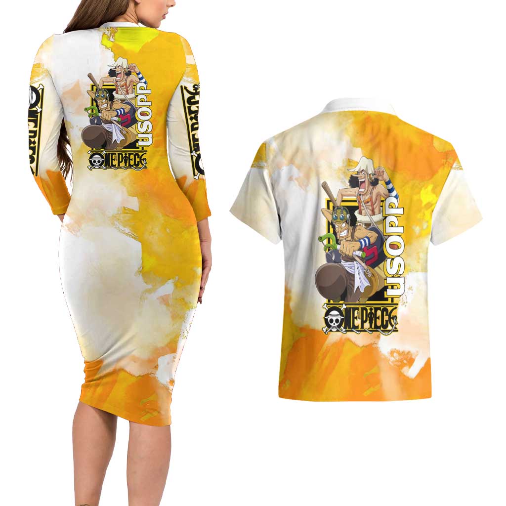 Usopp One Piece Yellow and White Theme Couples Matching Long Sleeve Bodycon Dress and Hawaiian Shirt with Sniper Pose and Sogeking Mask Design - The Mazicc