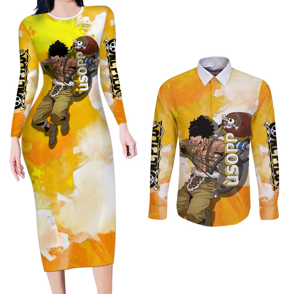 Usopp One Piece Yellow and White Theme Couples Matching Long Sleeve Bodycon Dress and Long Sleeve Button Shirt with Sniper Pose and Sogeking Mask Design - The Mazicc