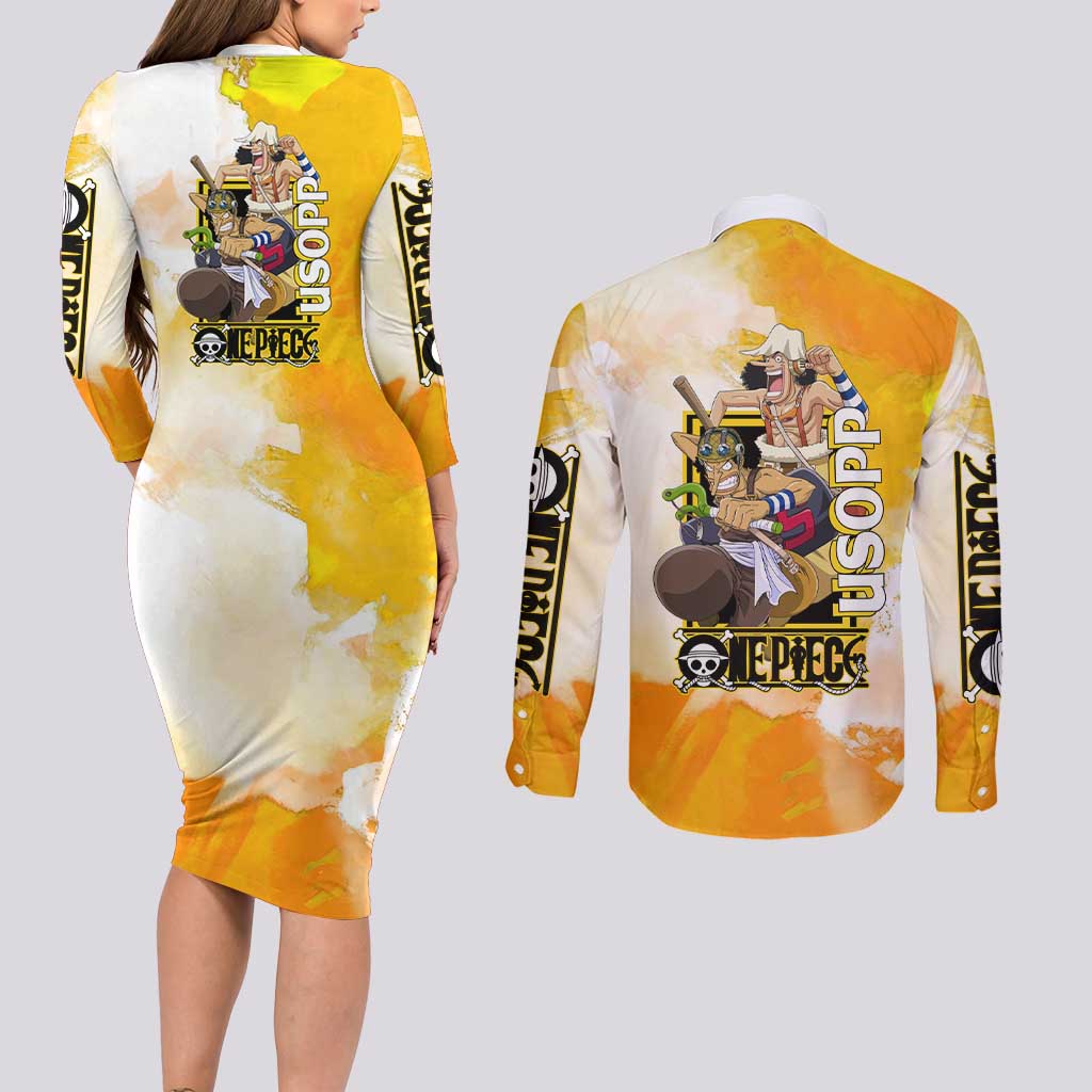 Usopp One Piece Yellow and White Theme Couples Matching Long Sleeve Bodycon Dress and Long Sleeve Button Shirt with Sniper Pose and Sogeking Mask Design - The Mazicc