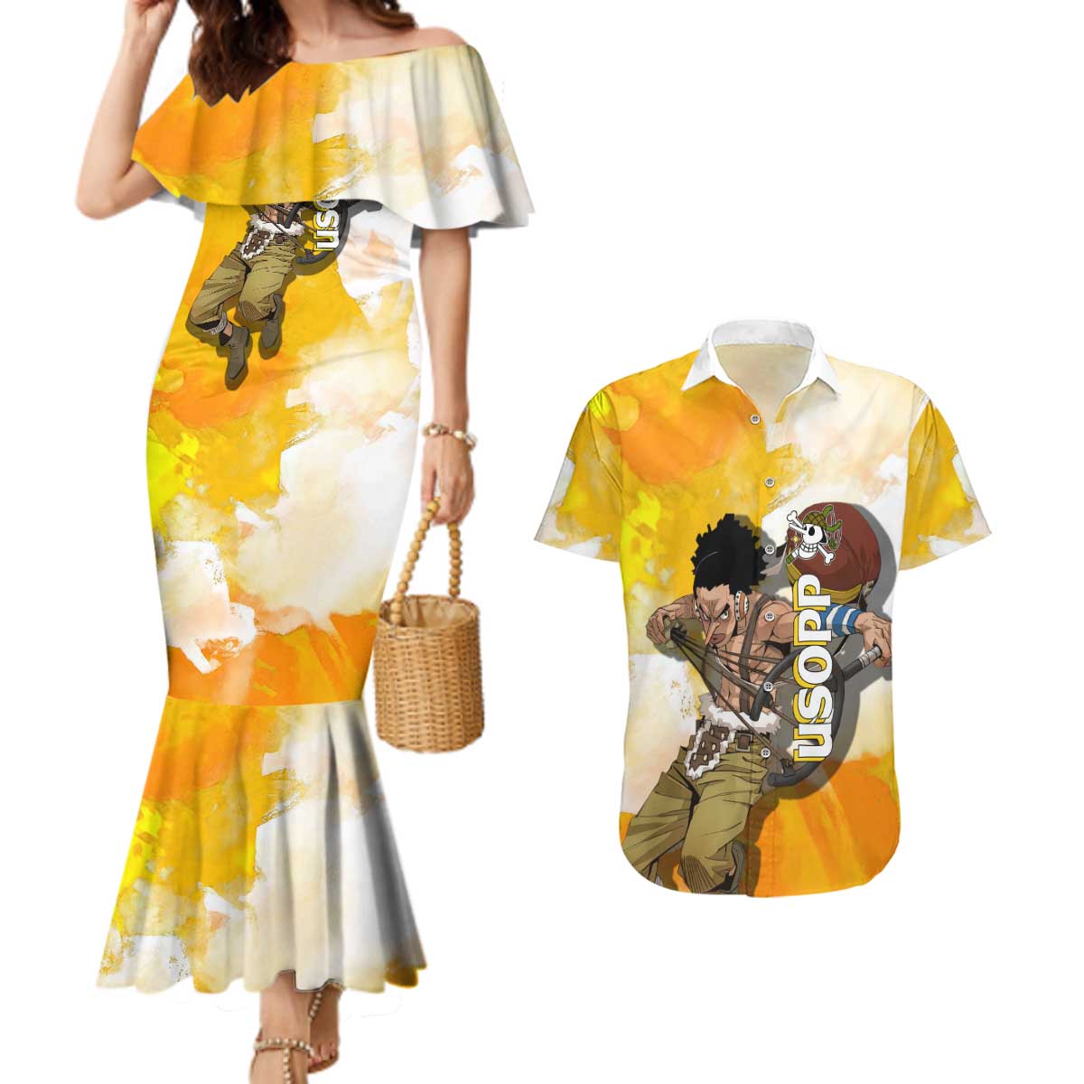 Usopp One Piece Yellow and White Theme Couples Matching Mermaid Dress and Hawaiian Shirt with Sniper Pose and Sogeking Mask Design - The Mazicc
