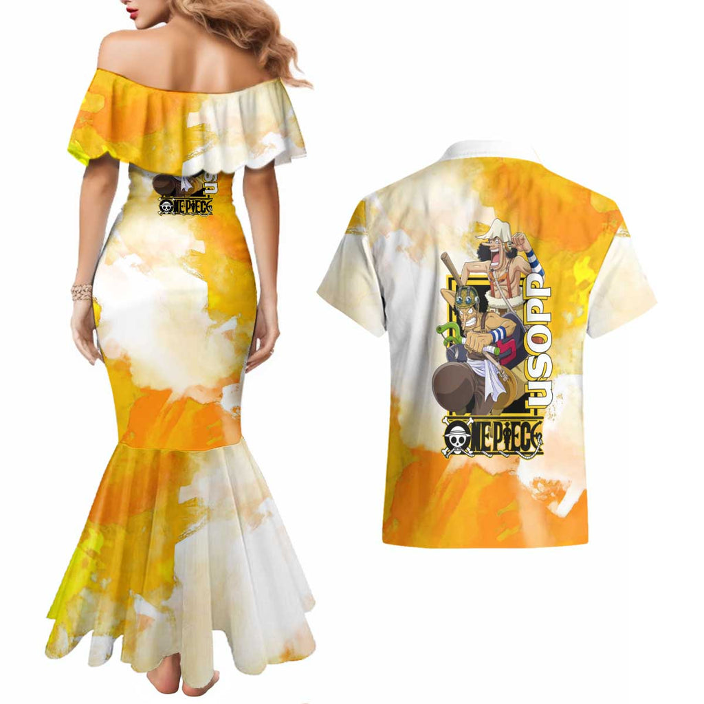 Usopp One Piece Yellow and White Theme Couples Matching Mermaid Dress and Hawaiian Shirt with Sniper Pose and Sogeking Mask Design - The Mazicc