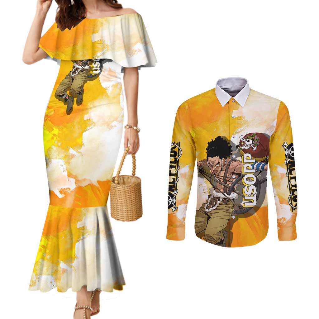 Usopp One Piece Yellow and White Theme Couples Matching Mermaid Dress and Long Sleeve Button Shirt with Sniper Pose and Sogeking Mask Design - The Mazicc