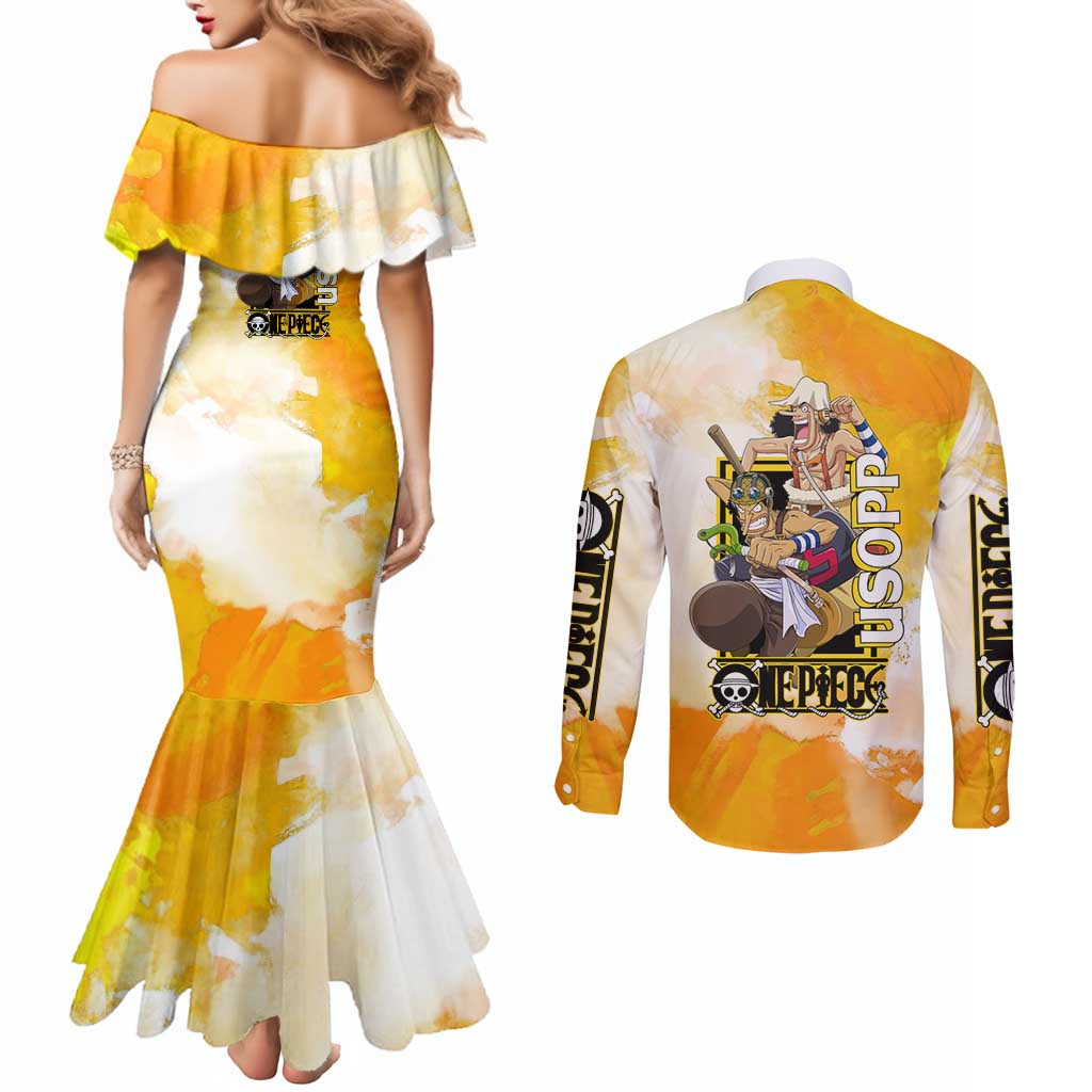 Usopp One Piece Yellow and White Theme Couples Matching Mermaid Dress and Long Sleeve Button Shirt with Sniper Pose and Sogeking Mask Design - The Mazicc