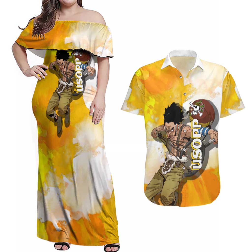 Usopp One Piece Yellow and White Theme Couples Matching Off Shoulder Maxi Dress and Hawaiian Shirt with Sniper Pose and Sogeking Mask Design - The Mazicc