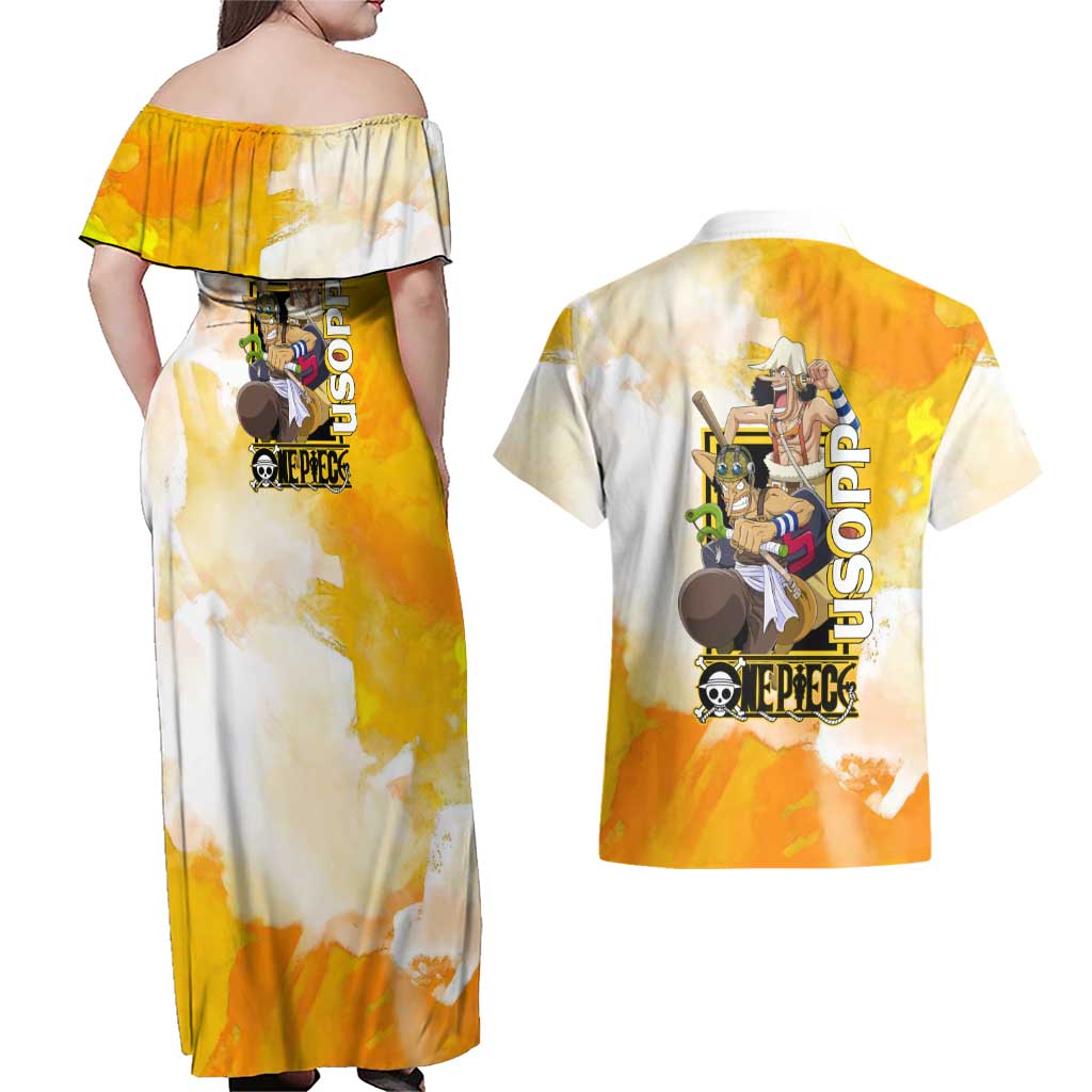 Usopp One Piece Yellow and White Theme Couples Matching Off Shoulder Maxi Dress and Hawaiian Shirt with Sniper Pose and Sogeking Mask Design - The Mazicc