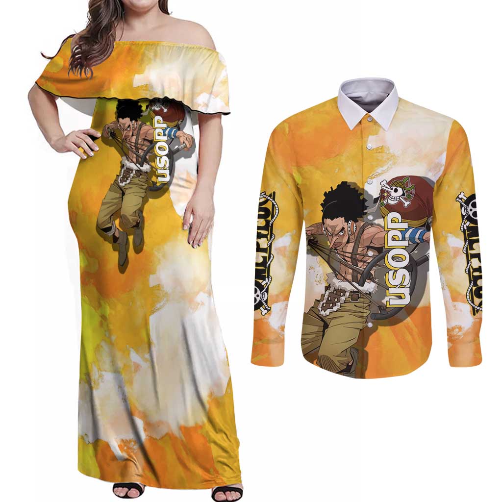 Usopp One Piece Yellow and White Theme Couples Matching Off Shoulder Maxi Dress and Long Sleeve Button Shirt with Sniper Pose and Sogeking Mask Design - The Mazicc