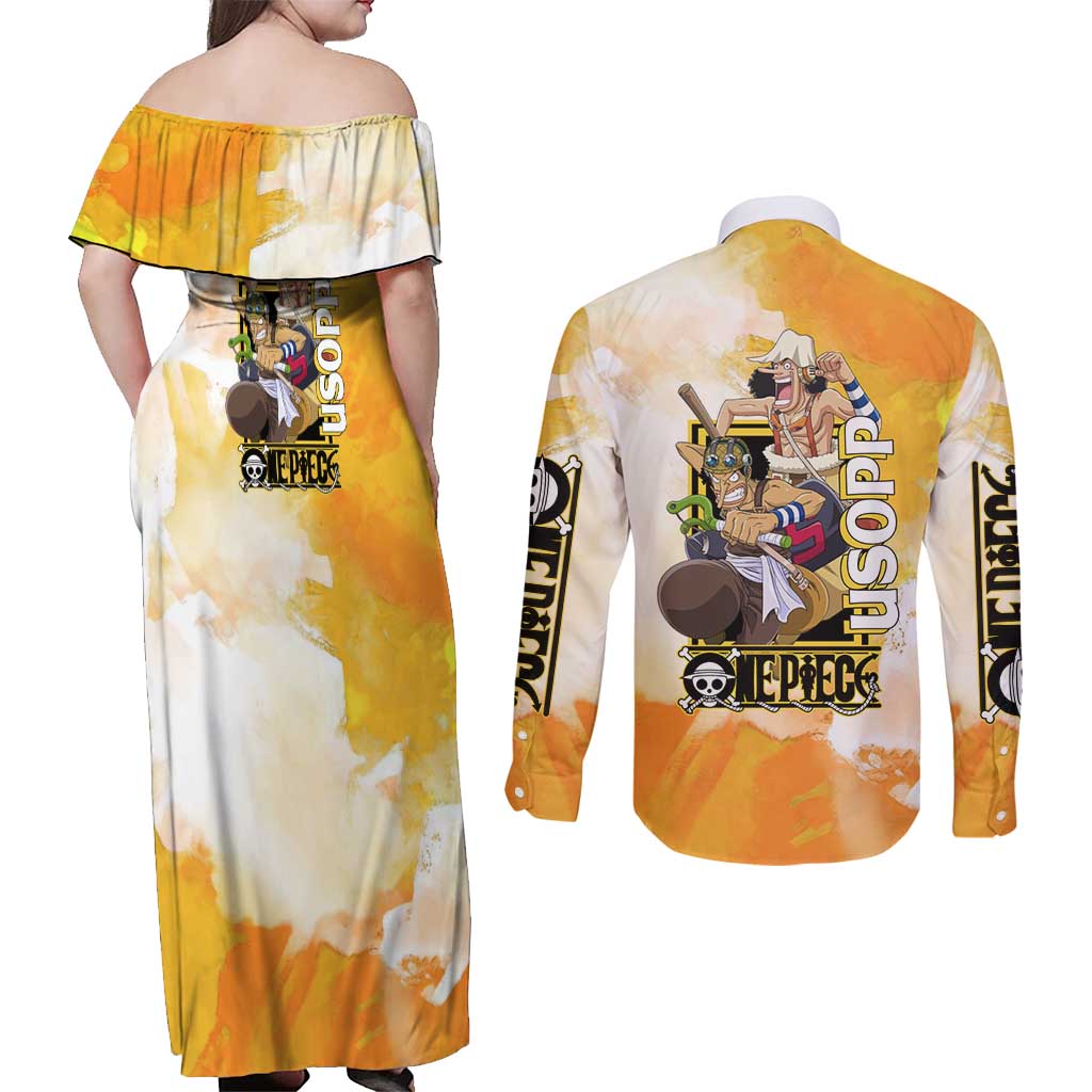 Usopp One Piece Yellow and White Theme Couples Matching Off Shoulder Maxi Dress and Long Sleeve Button Shirt with Sniper Pose and Sogeking Mask Design - The Mazicc
