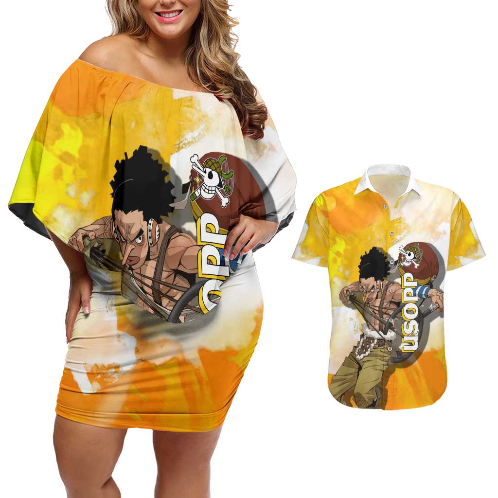 Usopp One Piece Yellow and White Theme Couples Matching Off Shoulder Short Dress and Hawaiian Shirt with Sniper Pose and Sogeking Mask Design - The Mazicc