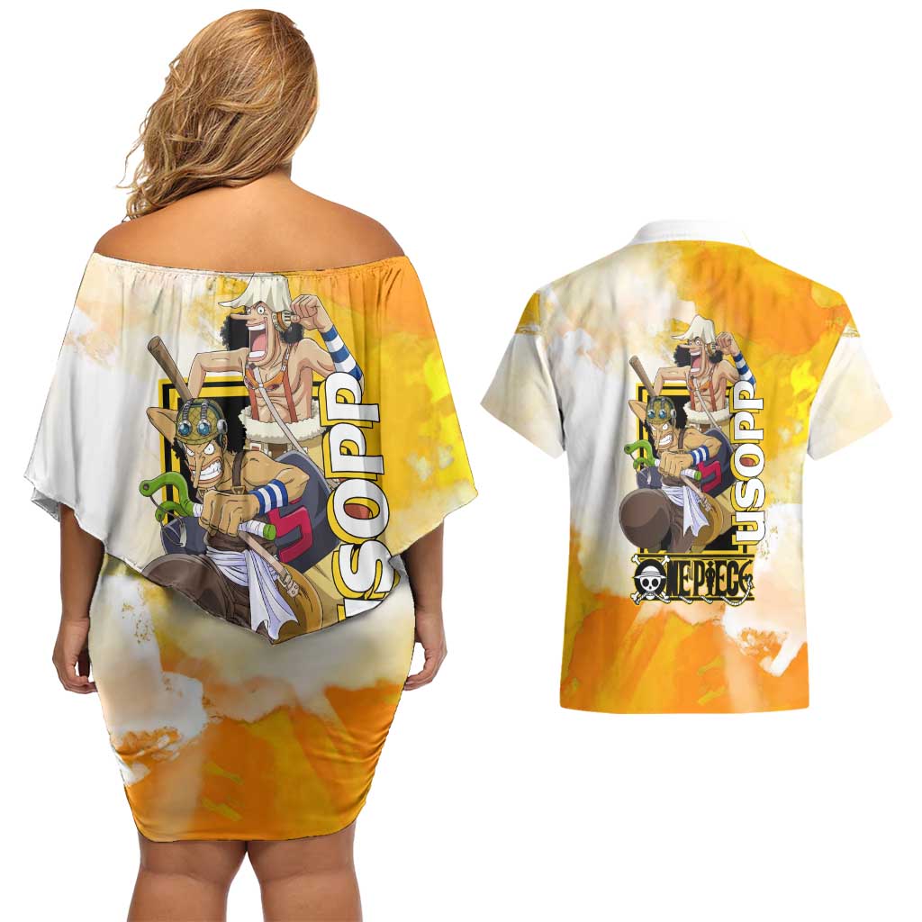 Usopp One Piece Yellow and White Theme Couples Matching Off Shoulder Short Dress and Hawaiian Shirt with Sniper Pose and Sogeking Mask Design - The Mazicc